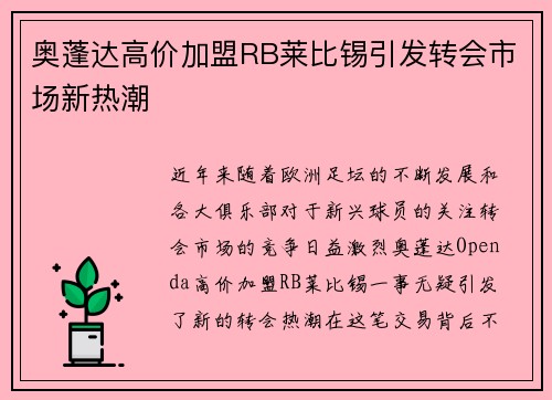 奥蓬达高价加盟RB莱比锡引发转会市场新热潮
