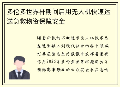 多伦多世界杯期间启用无人机快速运送急救物资保障安全