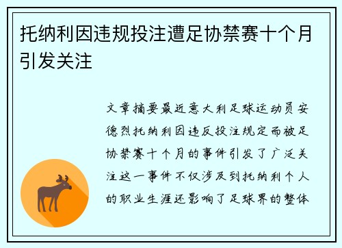 托纳利因违规投注遭足协禁赛十个月引发关注